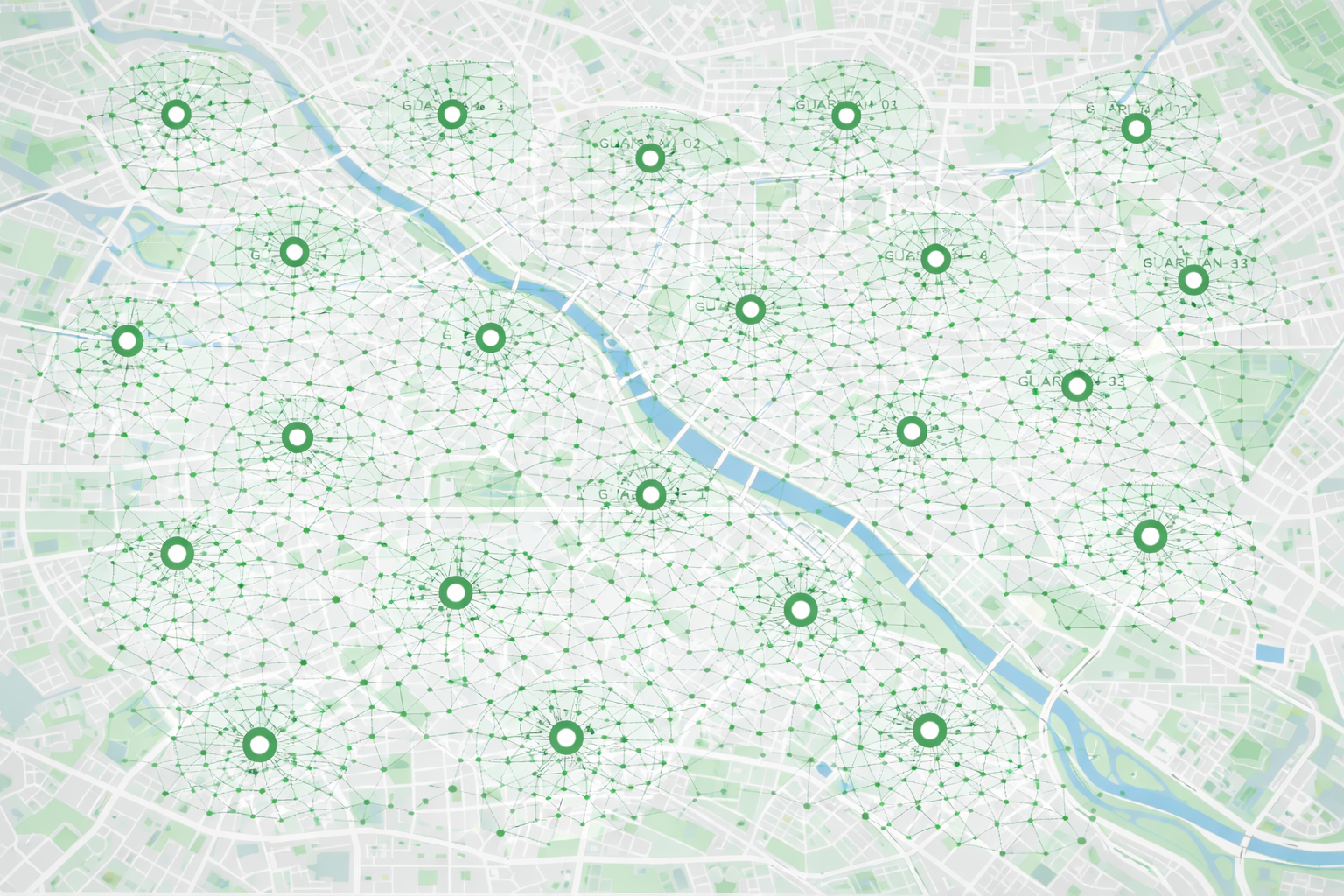 GuardianMesh network topology overlaid on a city map
